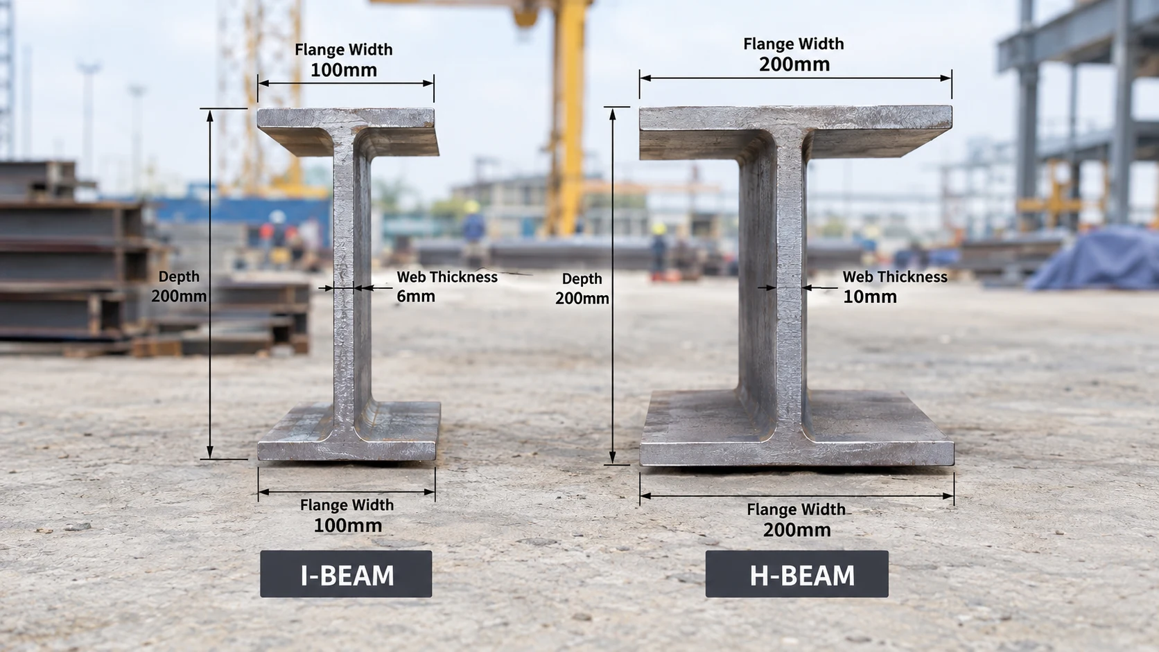 So sánh mặt cắt thép I và thép H với chiều cao, chiều rộng cánh và bản bụng được chú thích rõ