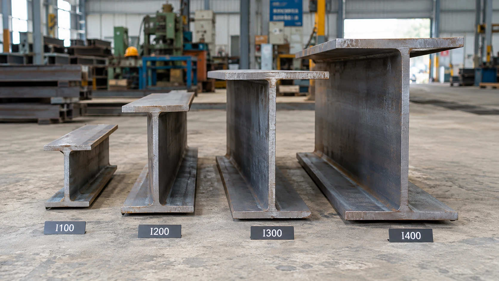 Các mặt cắt thép I100, I200, I300 và I400 đặt cạnh nhau, thể hiện sự khác nhau về kích thước.