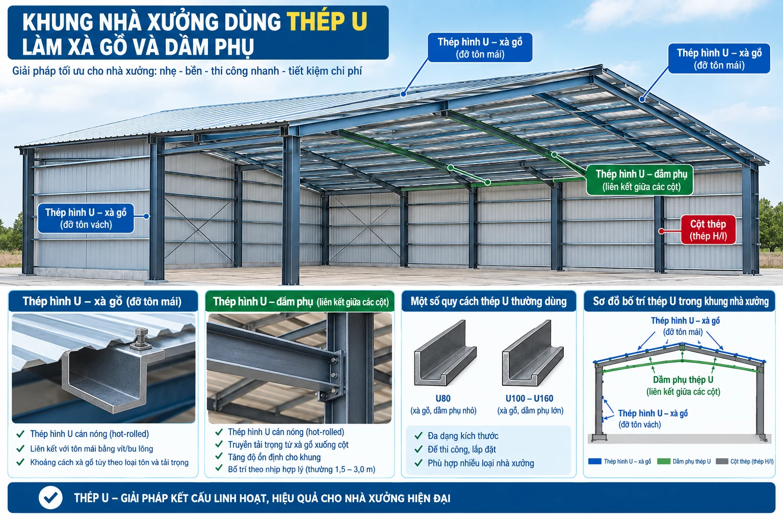 Khung nhà xưởng dùng thép U làm xà gồ và dầm phụ