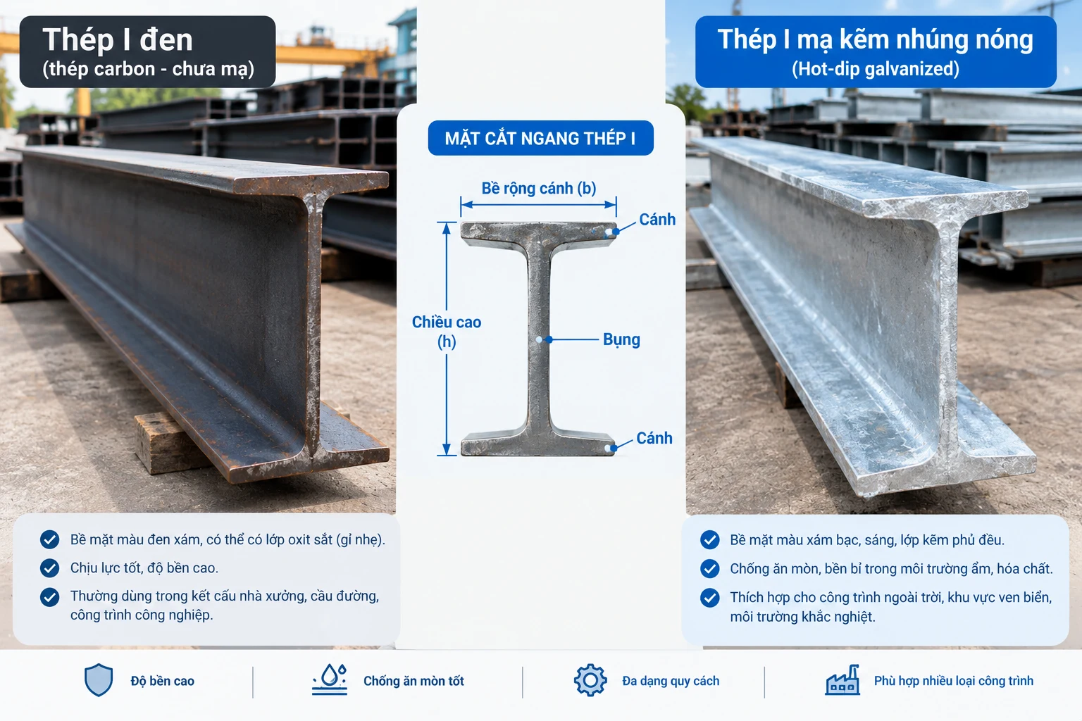 th&eacute;p h&igrave;nh I đen v&agrave; th&eacute;p I mạ kẽm nh&uacute;ng n&oacute;ng