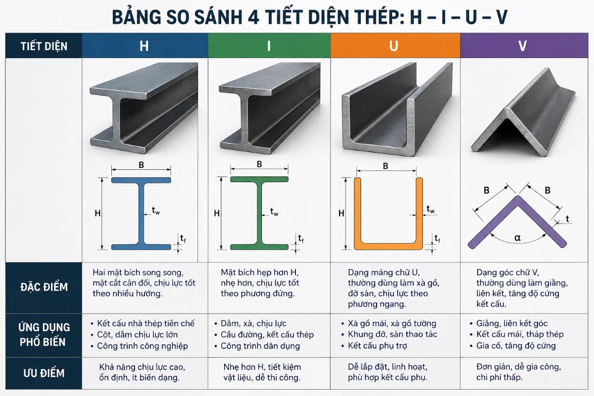 So s&aacute;nh c&aacute;c loại th&eacute;p h&igrave;nh 