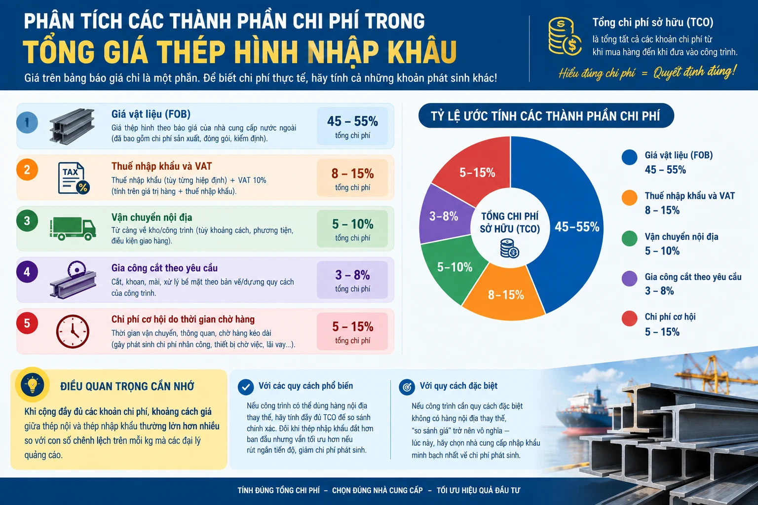 Biểu đồ phân tách các thành phần chi phí trong tổng giá thép hình nhập khẩu