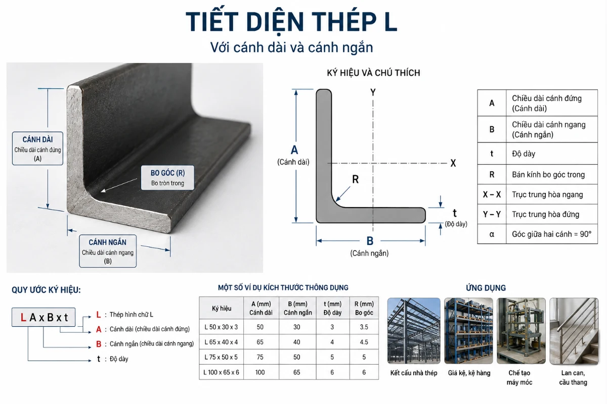 Tiết diện thép L với cánh dài và cánh ngắn được chú thích rõ