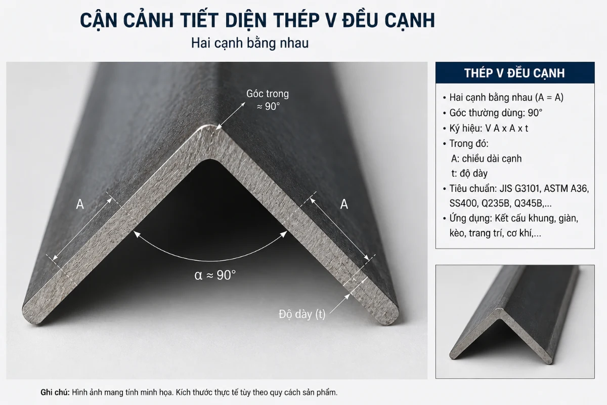 Cận cảnh tiết diện thép V đều cạnh với hai cạnh bằng nhau