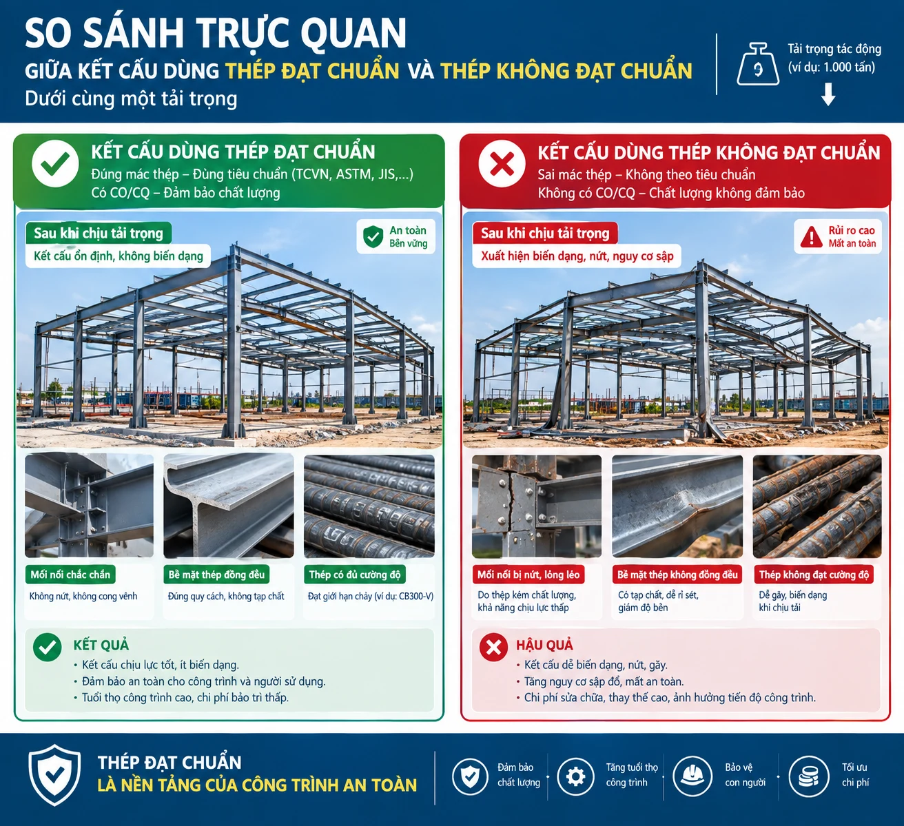So sánh trực quan giữa kết cấu dùng thép đạt chuẩn và thép không đạt chuẩn dưới cùng một tải trọng